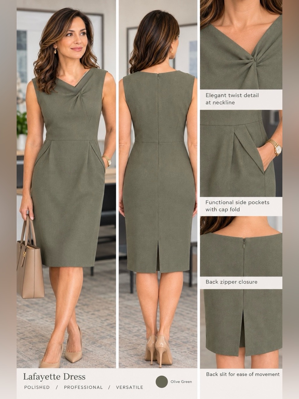 Lafayette 148 New York - Olive Green Cap-Sleeve Dress w/Pockets - size 14
